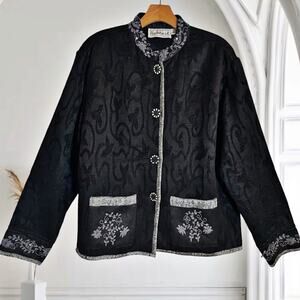 Flashback Vintage Black Jacket Sz L Embroidered Beaded Jacket Boho Unique Button